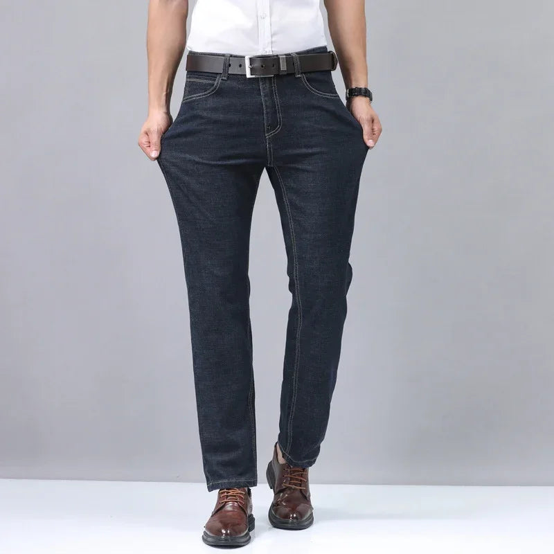 2024 New Brand Men's Fit Straight Lightweight Cotton Stretch Denim Pants Casual Male High Waist Thin Light Blue Business Jeans