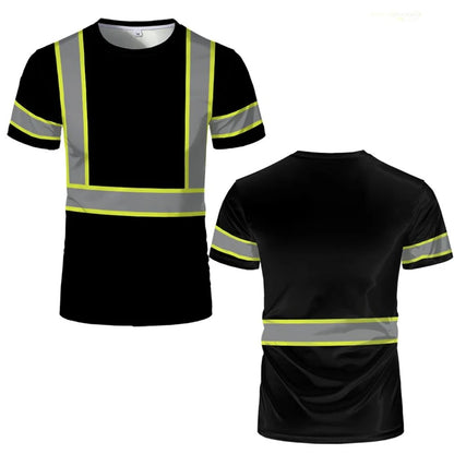 Simple Stripe Safety Work T Shirts Summer Casual Short Sleeve 3D Printed Crew Neck T-shirts Fashion Outdoor Oversized Tees Tops.