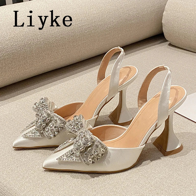Liyke Spring Summer Fashion Rhinestone Bowknot Women Pumps Sexy Silk Pointed Toe Strange High Heels Party Prom Shoes Gold Silver.