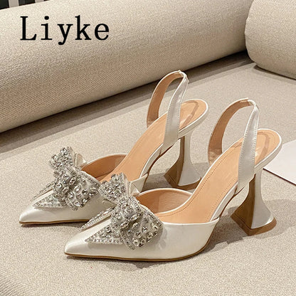 Liyke Spring Summer Fashion Rhinestone Bowknot Women Pumps Sexy Silk Pointed Toe Strange High Heels Party Prom Shoes Gold Silver.