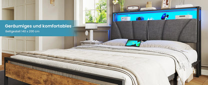 Metallbettgestell 140 x 200 cm mit LED-Beleuchtung, Kopfteil und Ladestation, integriertes Metallbett 140 x 200 mit Gitterbraten