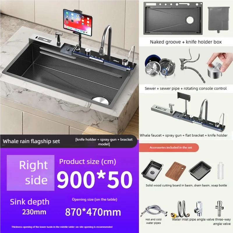 Stainless Steel Waterfall Kitchen Sink New With Draining Rack Digital Display Large Single Slot Dishwashing Sinks Wash Bowl