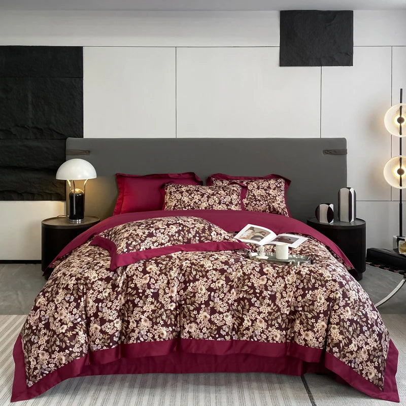 Floral Print 600TC Egyptian Cotton Bedding Queen King Comforter Cover Soft Duvet Cover Set Flat/Fitted Bed Sheet Pillowcases.