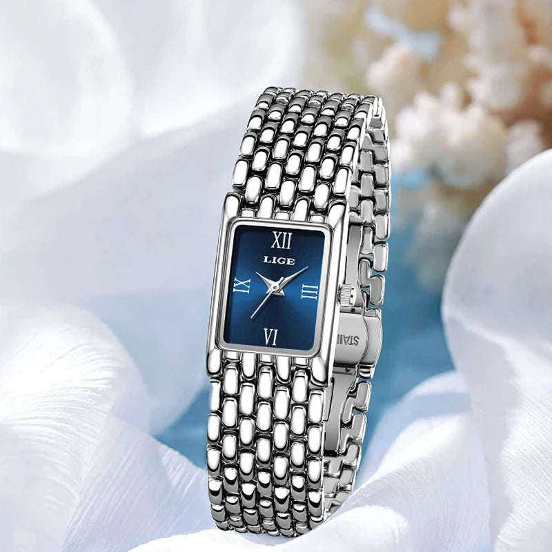 LIGE Silver Watch for Women Square Ladies Quartz Wristwatches Stainless Steel Women Small Gold Watch Luxury Casual Fashion Watch.
