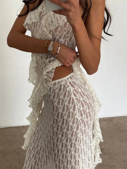 Tossy Fashion Summer Lace Long Skirt Women See-Through Slim High Waist Hollow Out Patchwork Elegant Commute Female Maxi Skirt