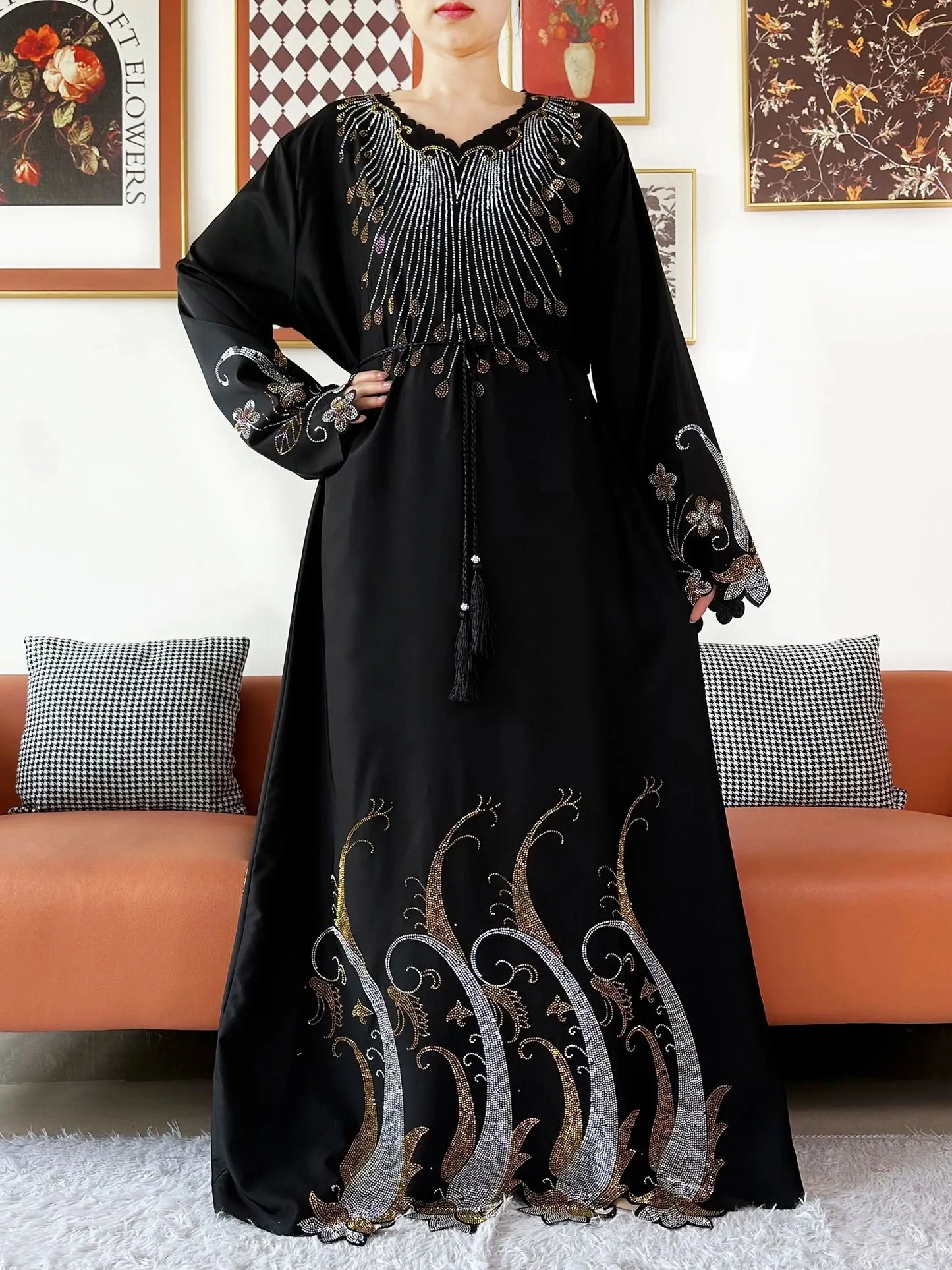 2025Fashion Dubai Diamond Muslim Women Modest Dress Elegant Arabic Femme Hijab Long Sleeve Chiffon Abaya Islamic Turkey Clothing.