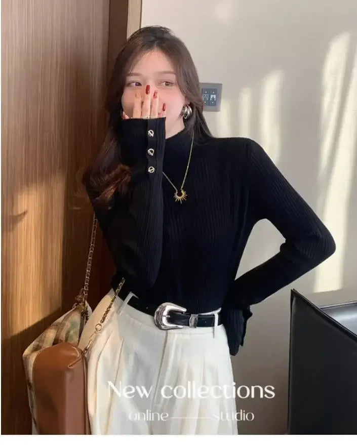 2025, weibliche Casual Tops Pullover Frauen Herbst Winter Gestrickte Dünne Pullover Feste Taste Volle Hülse Halb Hohen Kragen Pullover