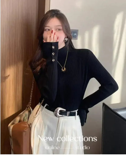 2025, weibliche Casual Tops Pullover Frauen Herbst Winter Gestrickte Dünne Pullover Feste Taste Volle Hülse Halb Hohen Kragen Pullover