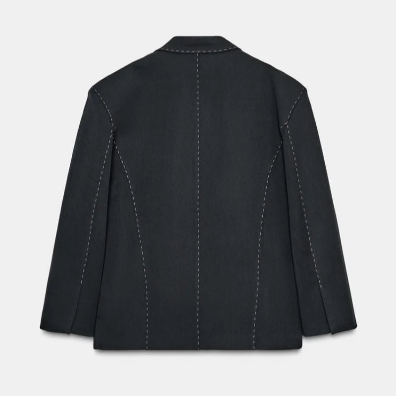 Fashion Line Suit Pants Set Women Lapel Full Sleeve Double Breast Pocket Blazer Straight Trousers 2025 Autumn Winter Lady Outfit.