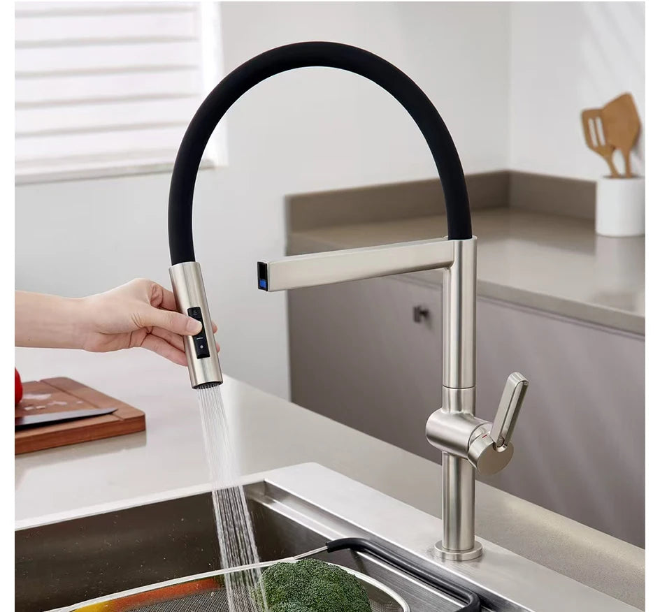 VGX Brushed Kitchen Faucet Sink Faucets Rubber Pull Down Stream Sprayer Taps Rotatable Kitchen Mixer Water Tap Hot Cold Crane