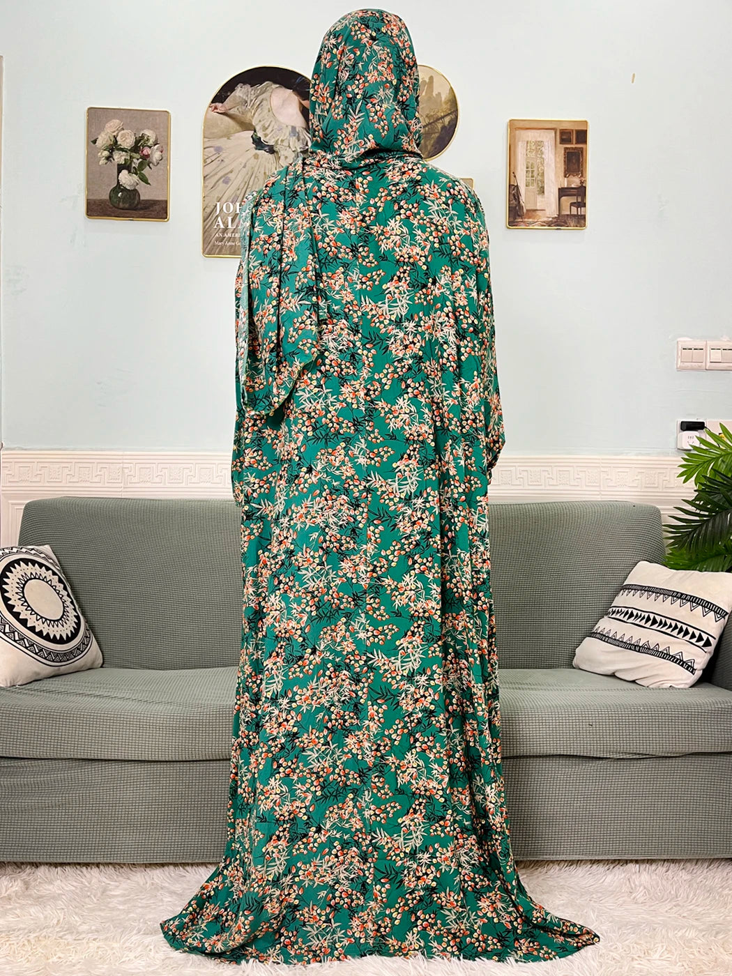 Muslim Cotton Abayas For Women Traditional Floral Ramadan Prayer Garment African Caftan Marocain Femme Robe Connected Headscarf.