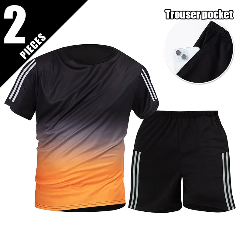 2pcs Summer Men's Quick drying Sports Suit Loose And Comfortable Round Neck Short Sleeved T-shirt Versatile Running Pocket Short