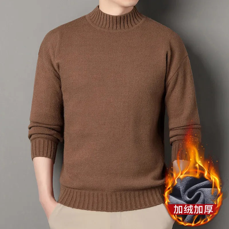 New Winter Men Mock Neck Turtlenecks Pullovers Fleece Warm Knitted Sweaters Good Quality Male Solid Outwear Casual Sweaters 3XL.