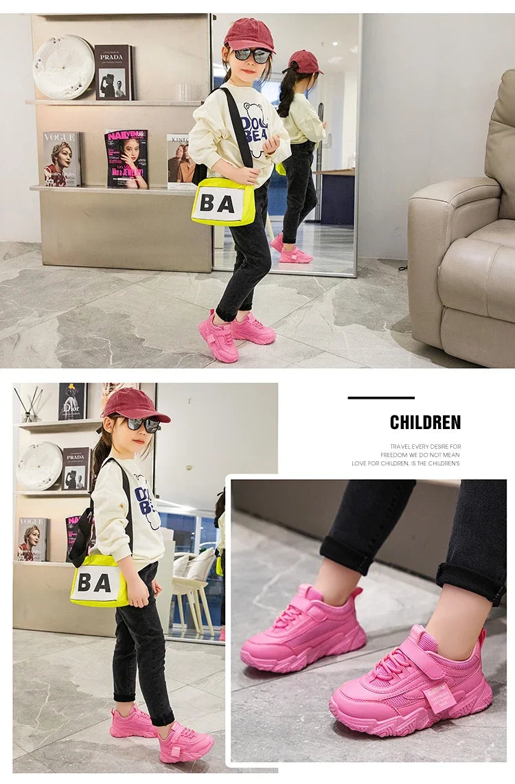 2024 New Versatile Soft Breatheable Hook & Loop White Boys and Girls Children Sneakers Cute Korean Style Uniform School Shoes.