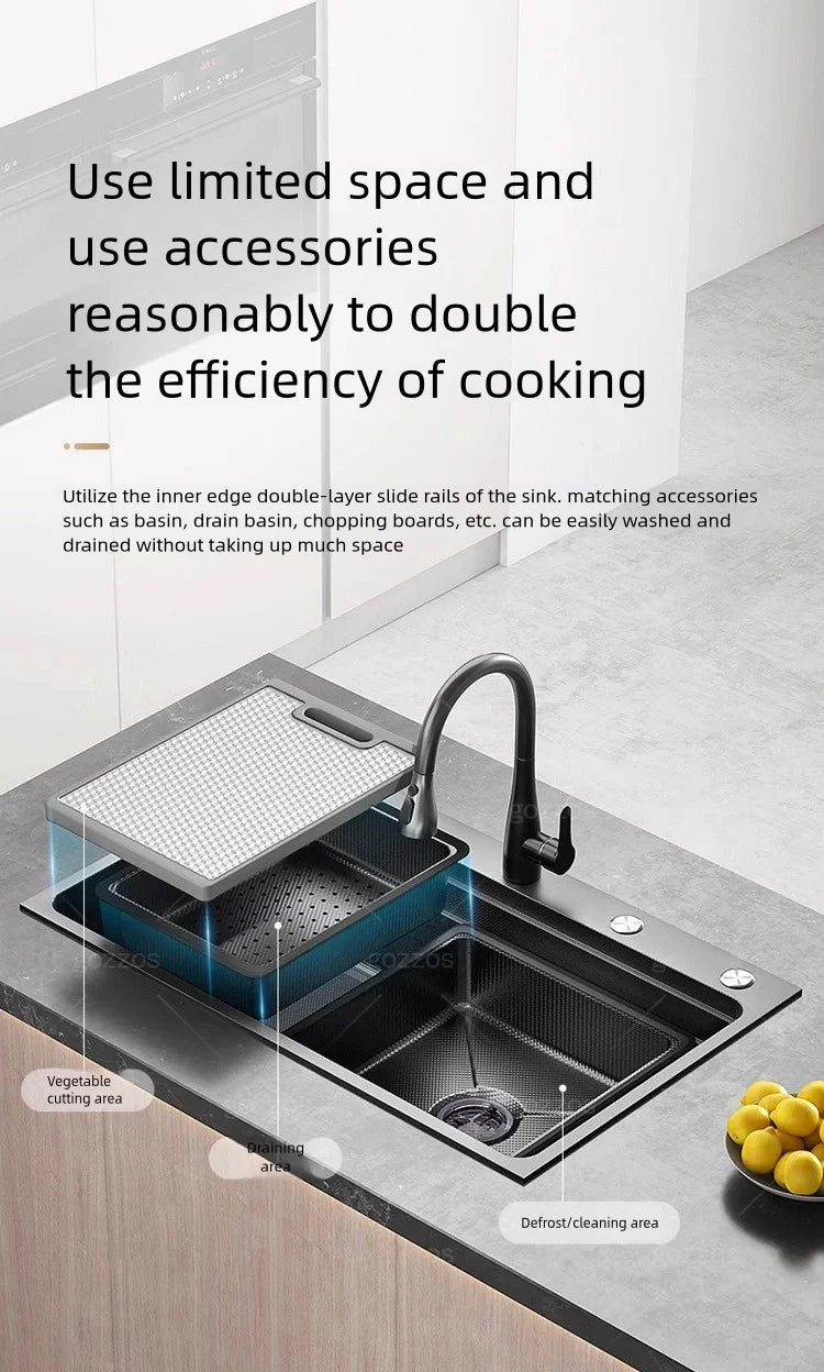 Black 304 Stainless Steel Kitchen Sink Household Multifunction Wash Dish and Vegetables Basin Large Single Slot Undermount Basin