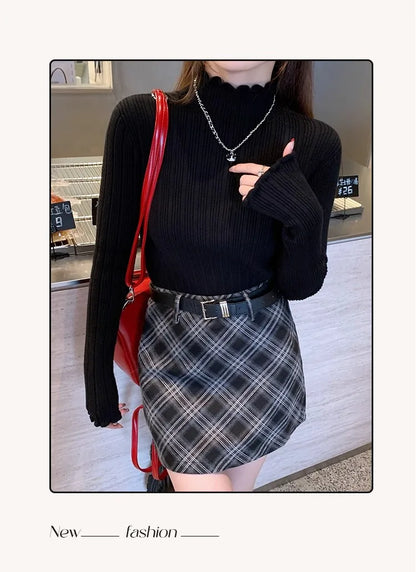 2025 Autumn Winter Women Half Turtleneck Fashion Wooden Ear Pullover Knitted Tops Long Sleeve O Neck Slim Warm Sweater Female.