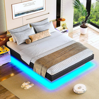 140 x 200 Lattenrost aus Holz mit LED-Beleuchtung, Plüsch, 140 x 200 cm, gepolstertes Bett, graues Leinen-Kopfteil, Schlafzimmermöbel