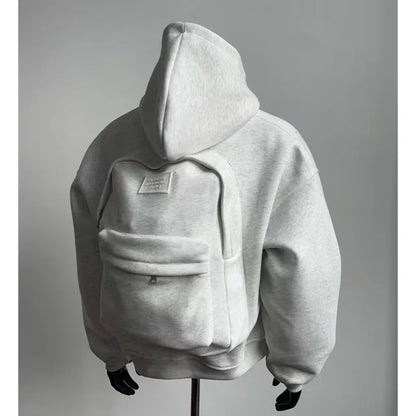 Streetwear fashion three-dimensional backpack casual hoodie Y2K autumn winter high street trend punk men's top loose sportswear.