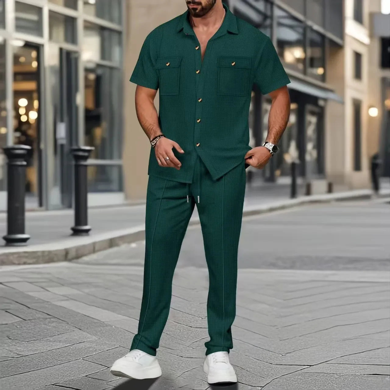Men's Summer New Pure Color Button Pocket Shirt Short Sleeve Long Pants Two-Piece Set Independent Station Cross-Border.