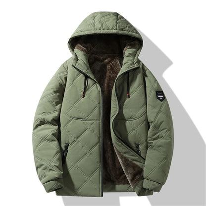 Winter Windproof Thermal Diamond-Pattern Fleece-Lined Thickened Cotton Coat Business Casual Hooded Jacket Fashionable Menswear.