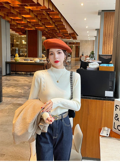 Langarm Beiläufige Dünne Pullover Mode Taste Grundlegende Gestrickte Tops Frauen Rollkragenpullover Koreanische Mode Einfache Chic Kleidung.