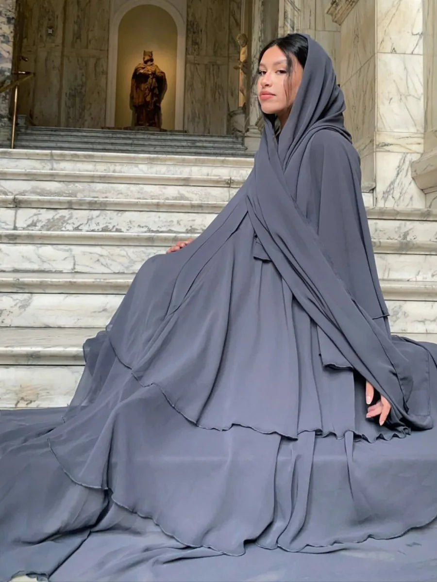 Eid Muslim Abaya for Women Chiffon 3 Layers Cake Party Cardigan Robe Jalabiya Dresses Ramadan Morocco Abayas Kaftan Vestidos