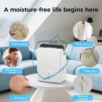 Dehumidifier 2000 ml for Bedroom, Double Hold Design, Drying Mode, Sleep Mode 30 dB, Intelligent Auto Defrost Function 24h Timer.