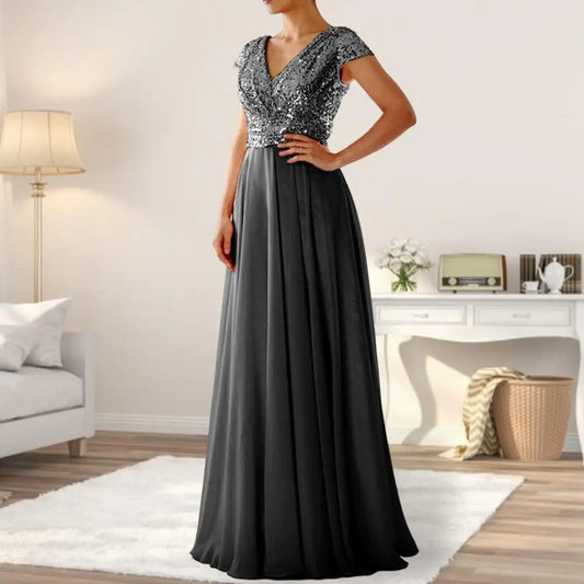 Elegantes Pailletten Chiffon Kleid für Frauen V-Ausschnitt Plissee Saum weibliche Pailletten Chiffon Abschluss ball Cocktail langes Kleid Hochzeit Abendkleid.