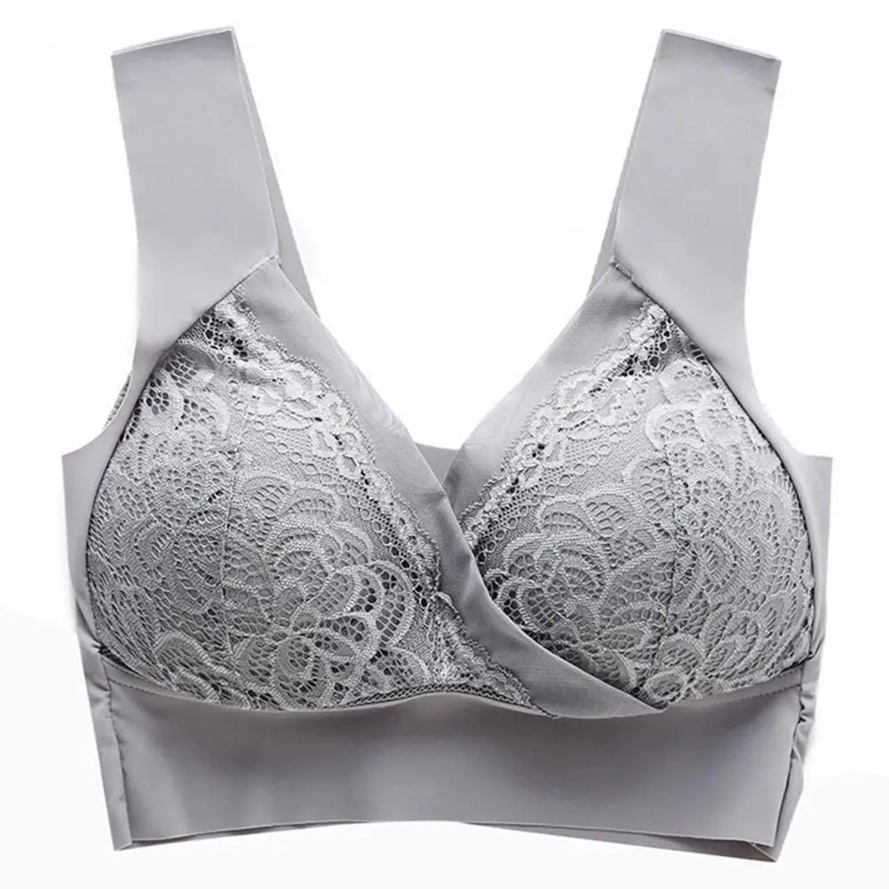 Women Bra Elastic Shoulder Strap Lace Floral Embroidery Maximum Comfort Shockproof Push-up Anti-snagging Wireless Yoga Bra.
