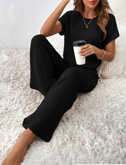 Two Piece Pant Sets Women Straight Pants Tops Pullover Short Sleeve Round Neck Spliced Top Solid Casual Streetwear Summer