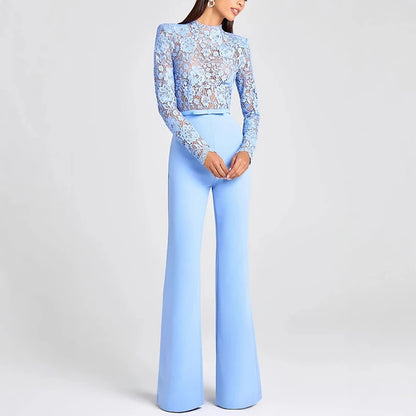 Jacquard Lace High-waisted Women Jumpsuit Embroidery Crochet Office Straight Playsuit Sexy See Through Hollow Flare Pants Romper.