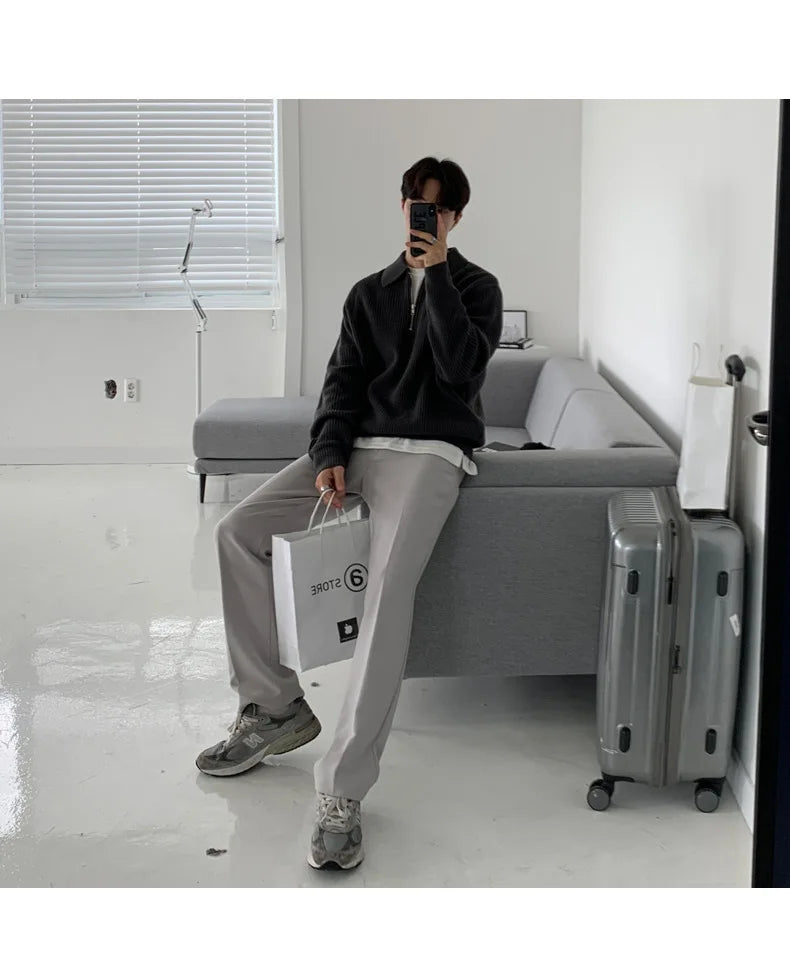 Half Zipper Sweater Men's Autumn and Winter Japanese Retro Korean Lapel Sweater Loose Casual Thread Trend