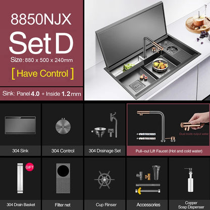 ASRAS Nanometer Black Flip Cover Hidden kitchen Sink 304 Stainless Steel 4mm Thickness Handmade Stepped Sinks Cup Rinser Sinks