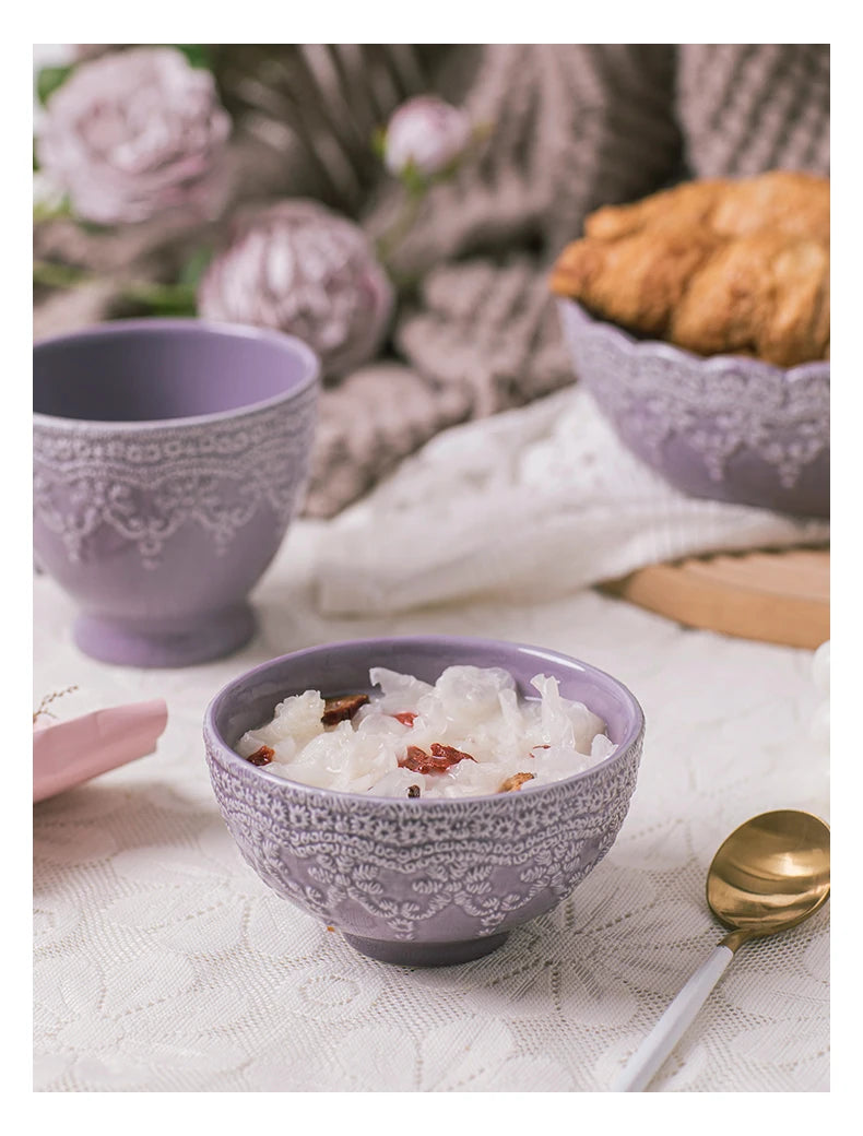 Solid Color Ceramic Tableware Lace Embossed Ceramic Tableware Bowl Plate Cup Rustic Irregular Dinner Plate  Dinner Plates.