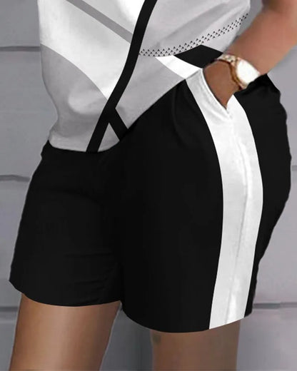 Women Casual Short Sleeve Outfit 2024 Summer Fashion Letter Printed O Neck Pocket Suit Female T Shirt Top Shorts Two Pieces Set.