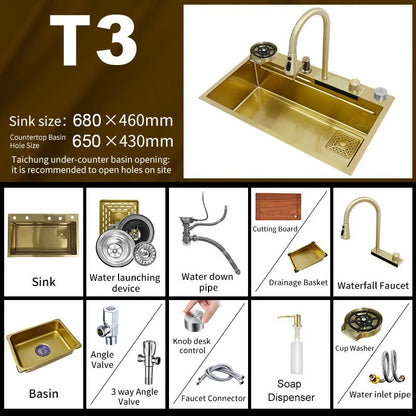 YCRAYS Golden Nano Multifunctional Kitchen Sink 4 Mode Waterfall Faucet Large Single Bowl Soap Dispenser Pure Tap Cup Washer