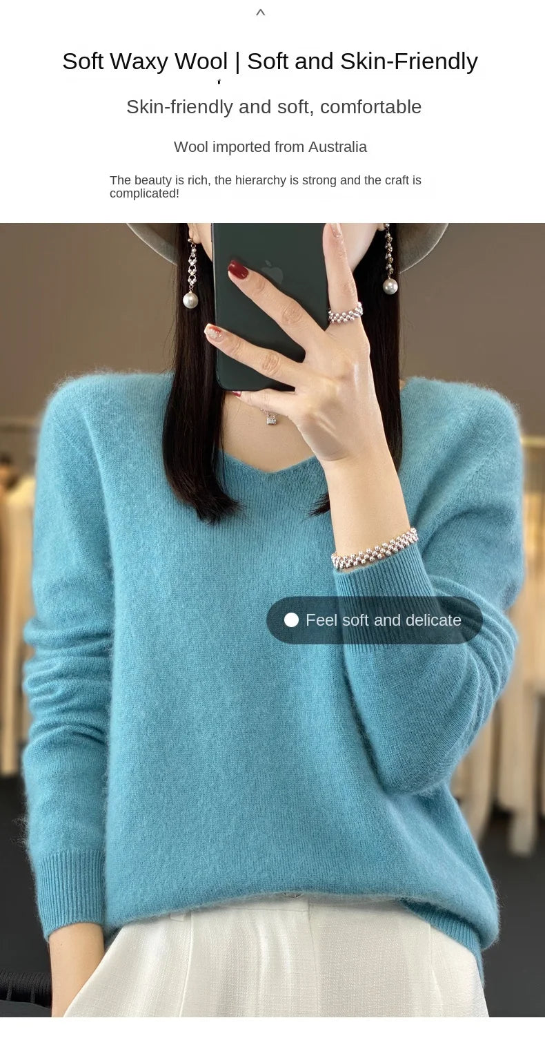 2024 100% Merino Reine Wolle V-ausschnitt Herbst Und Winter Pullover Pullover Neue Kaschmir Pullover frauen Beiläufige Gestrickte Top DMR201.