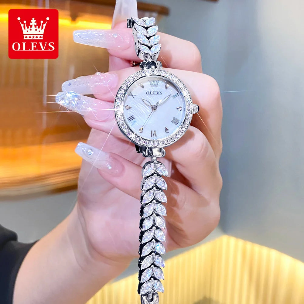 OLEVS 9971 Women's Watches Elegant Fashion Original Wristwatch Waterproof  Fish Bone Strap Luminous Hand Diamond Bezel Reloj