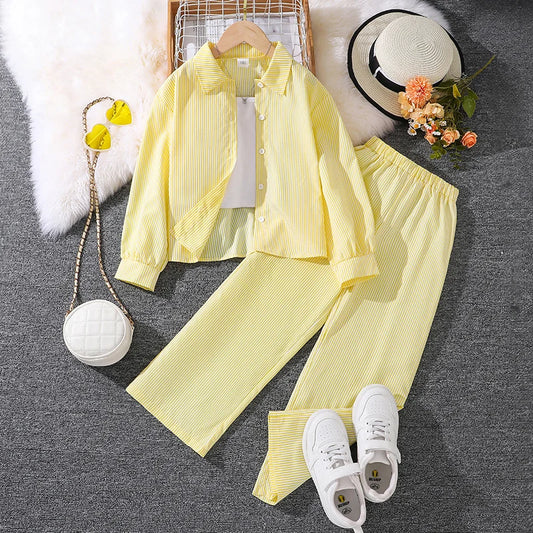 Spring Hot Sale Kids Outfit 4-12 Years Girls Striped Long Sleeve Chemise + Casual Loose Straight Leg Pants Shirt Suit 2Pcs Set.