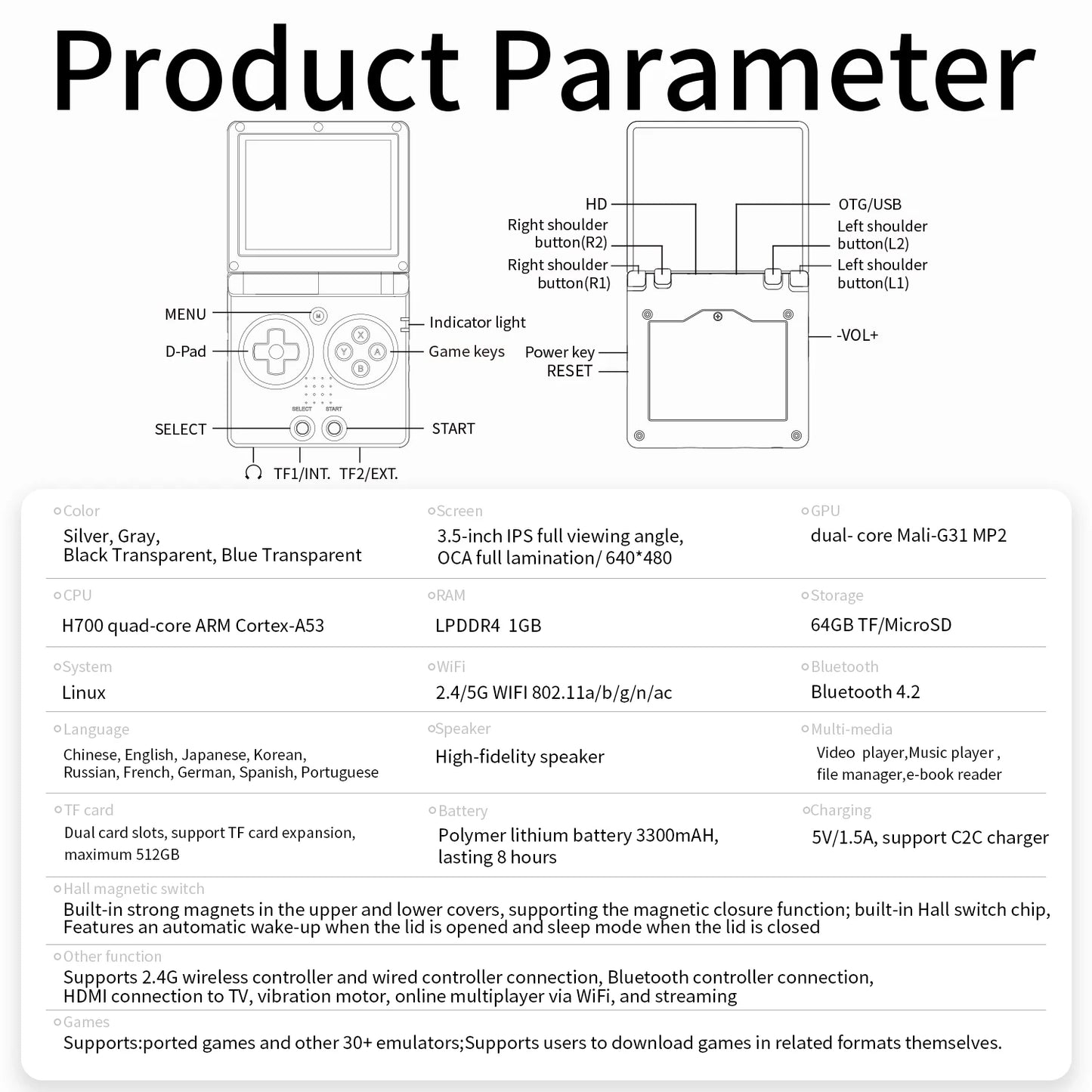 ANBERNIC RG35XXSP Retro Handheld Game Console 3.5-inch IPS Screen 3300mAh Battery Supports HDMI-TV Out and Bluetooth 4.2 5K Game.