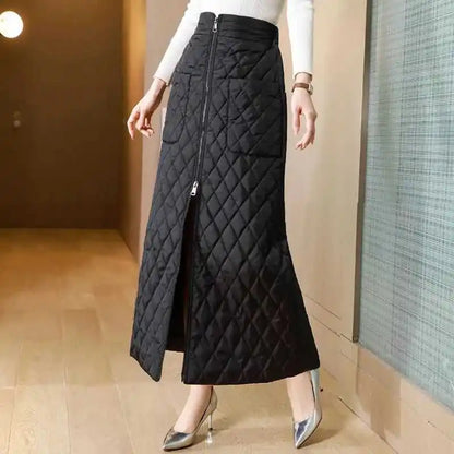 Women Winter Skirt Windproof Warm Down Cotton Skirt High Waist Quilted Cotton Padded Skirts Office Lady Elegant Skirt.