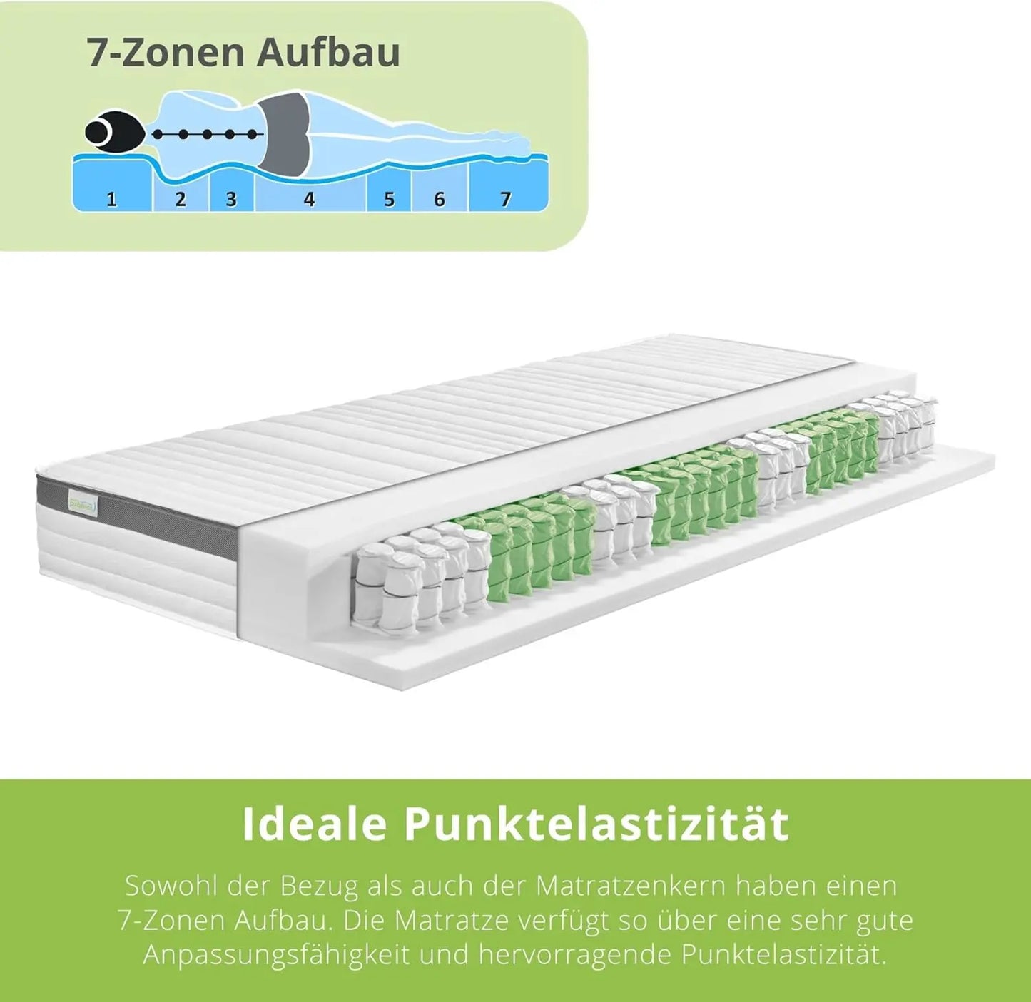 Federkernmatratze 80x200 cm, Orthopedische Matratze Hardness H2, ergonomische 7 Zonen Taschenfederkernmatratze, Matratze 80 x 2