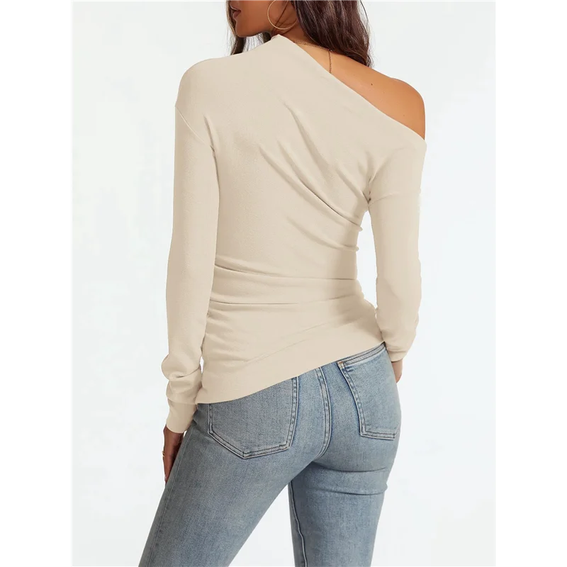 AG-Women's Off Shoulder Tops Dressy Long Sleeve Asymmetrical Slim Fit Going Out Fall Blouse Ruched Shirts.