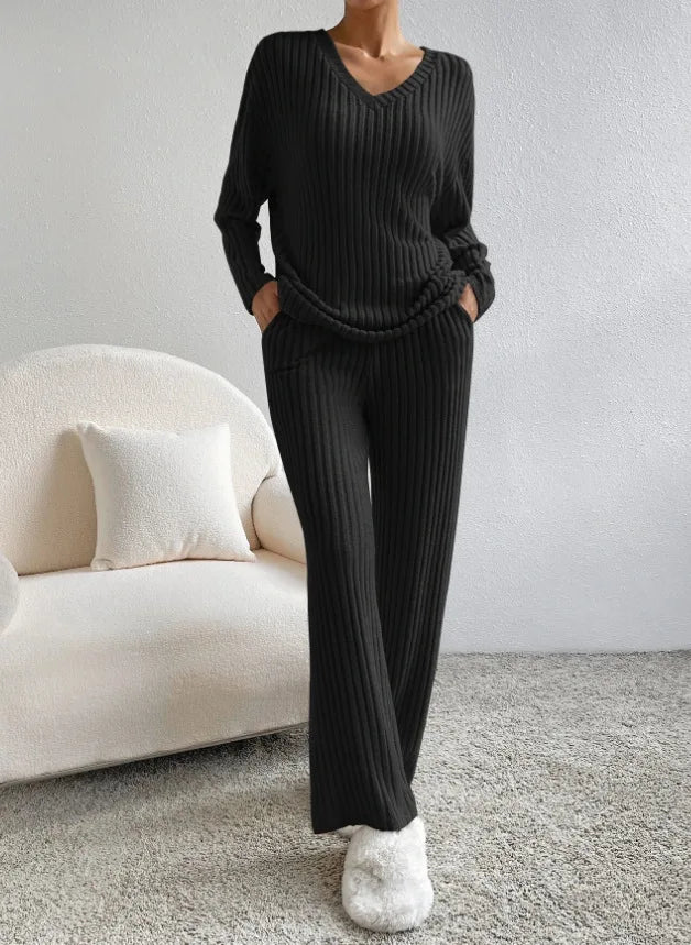 Autumn Winter Ribbed Knit Two Piece Set Womens V Neck Long Sleeve Top Wide Leg Pants Loungewear Casual Solid Color Outfit.