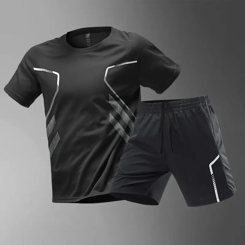 Summer Men Sets New Quick Dry Breathable Gym Clothing Training Short Sleeve Tops Shorts Suit Outdoor Daily Leisure Two-Piece Set.