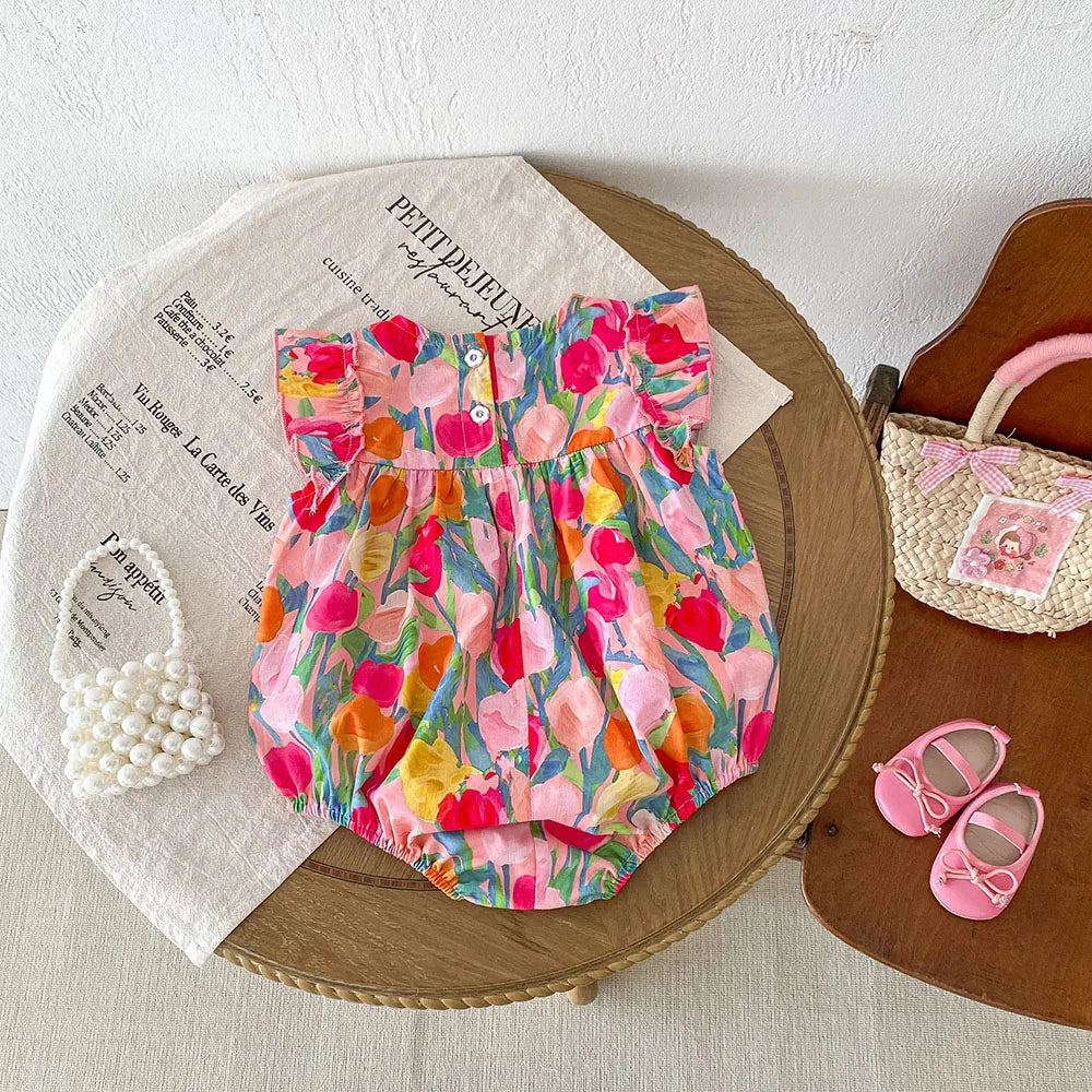 MILANCEL 2025, Sommerkleidung für Babys, Mädchen, Rüschenärmel, Kleinkind-Mädchen-Bodys, Tulpenmuster, Einteiler für Kleinkinder.
