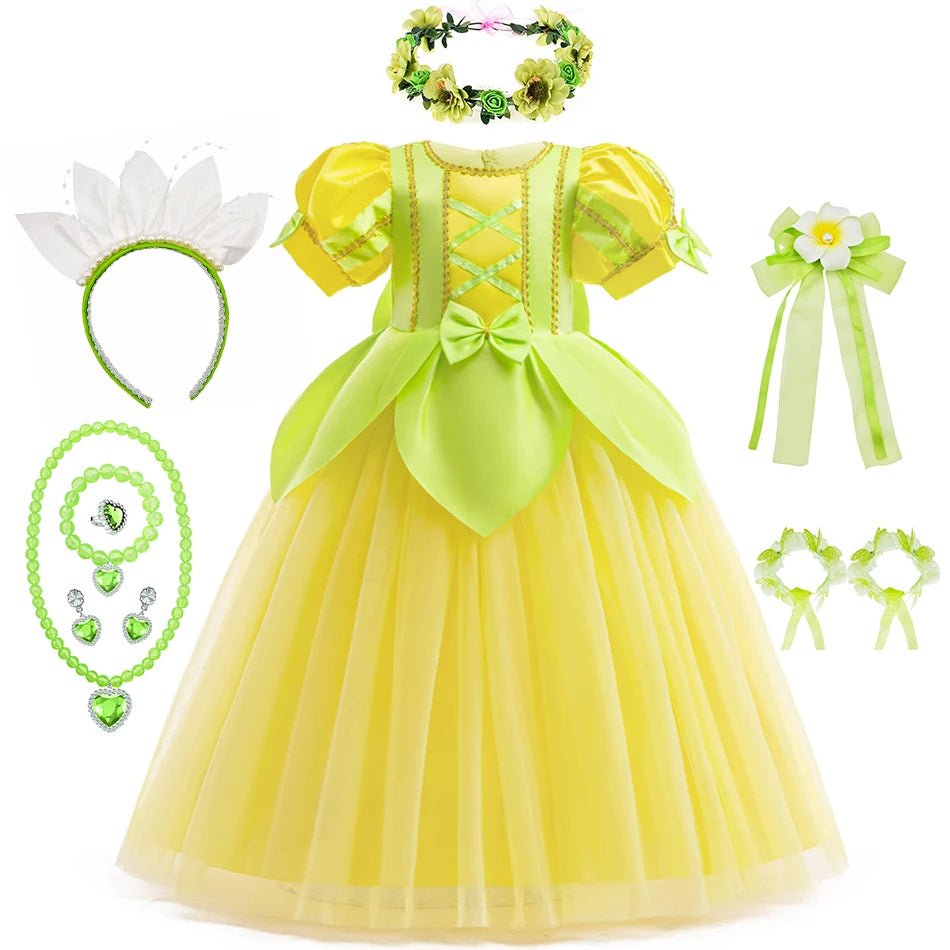 Tiana Fancy Prinzessin Kleid für Mädchen Geburtstag Party Kostüm Kinder Rollenspiel Ballkleid Kinder Karneval Performance Kleidung.