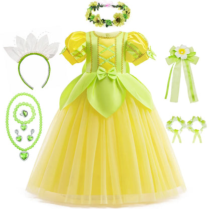 Tiana Fancy Prinzessin Kleid für Mädchen Geburtstag Party Kostüm Kinder Rollenspiel Ballkleid Kinder Karneval Performance Kleidung.