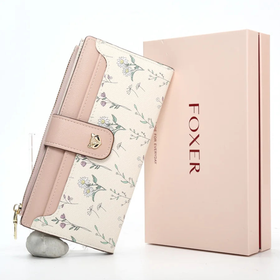 FOXER New Women's Long Wallet Fashion Multi-card Clutch Slot Card Holder Signature Versatile PU Floral Wallet Zipper Coin Purse
