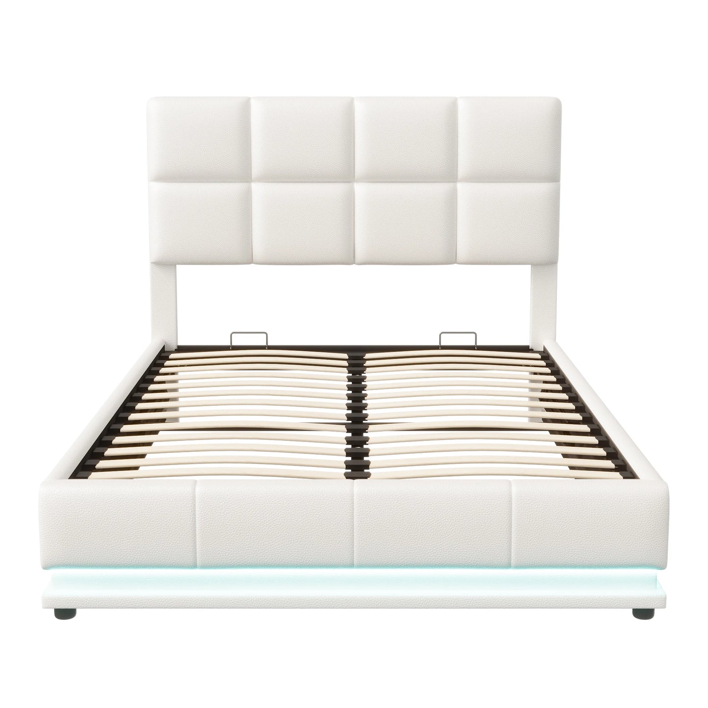 Comanlai Polsterbett 140 x 200 cm mit LED-Leuchten, hydraulisches Bett mit Stauraum, Doppelbett mit Lattenrost, Kunstleder, weiß